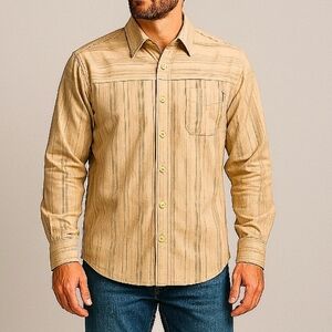 Relax Silk Cotton Stripe Casual Western Shirt Beige Medium